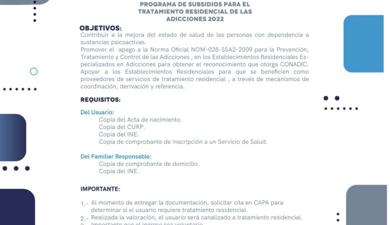 SESA lanza Subsidios para el Tratamiento Residencial de las Adicciones 2022